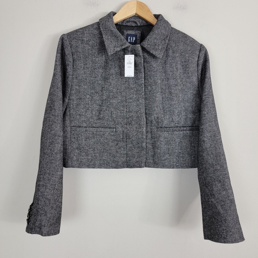 Gap Wool Blend Lady‎ Jacket Cropped Gray Herringbone Womens L Hidden Buttons.